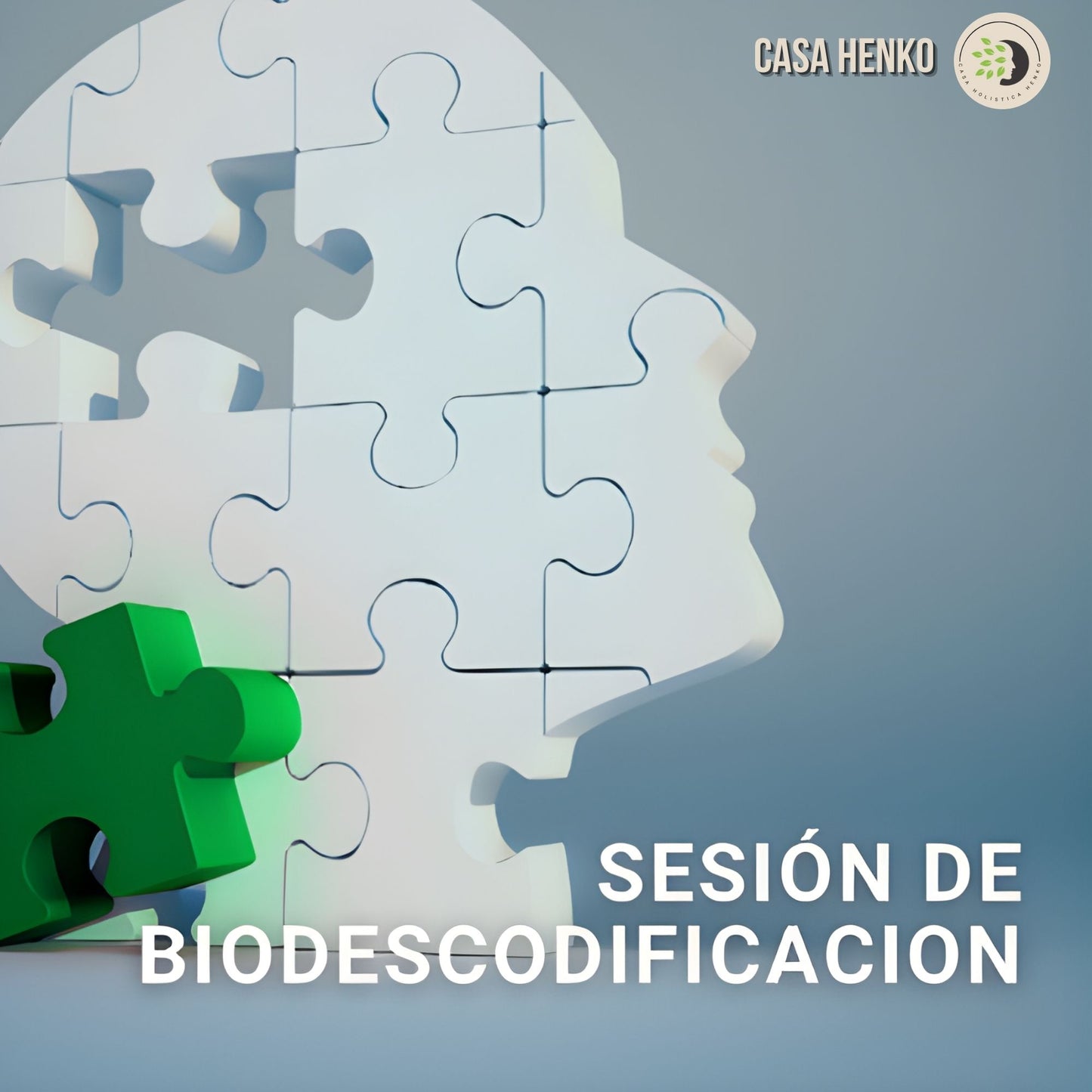 Ilustración de cabeza humana formada por piezas de rompecabezas, con una pieza verde destacada, imagen promocional de sesión de biodescodificación de Casa Henko.