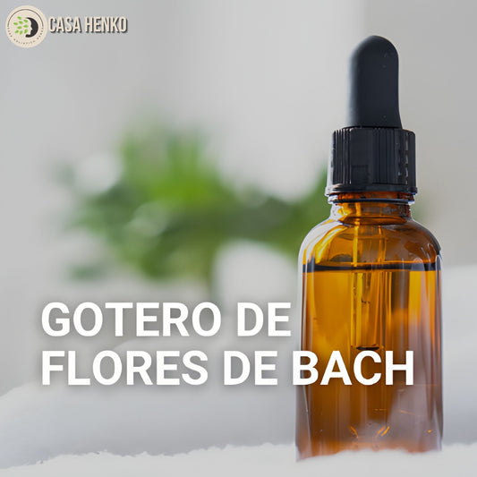Gotero de flores de Bach en frasco de vidrio ámbar con pipeta sobre fondo claro.