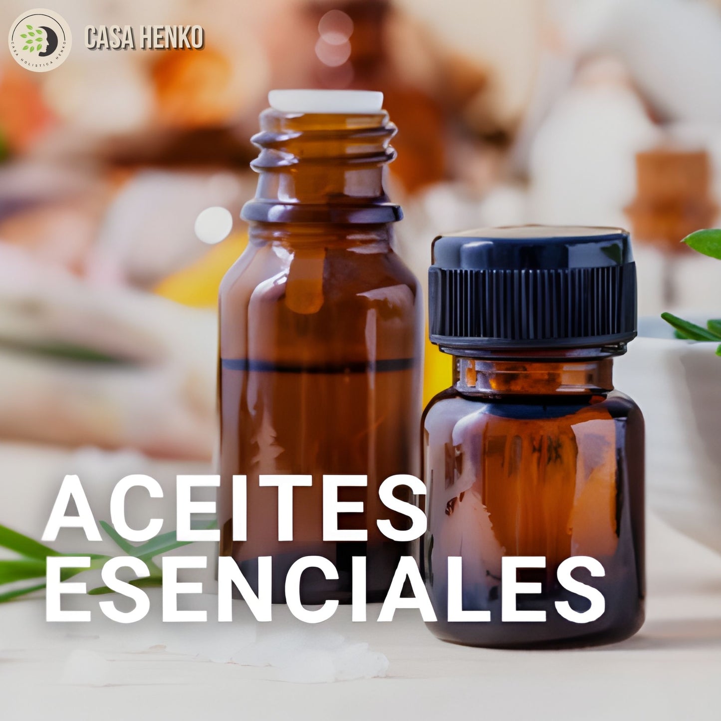 Frascos de aceites esenciales en envases de vidrio ámbar para aromaterapia y bienestar natural.